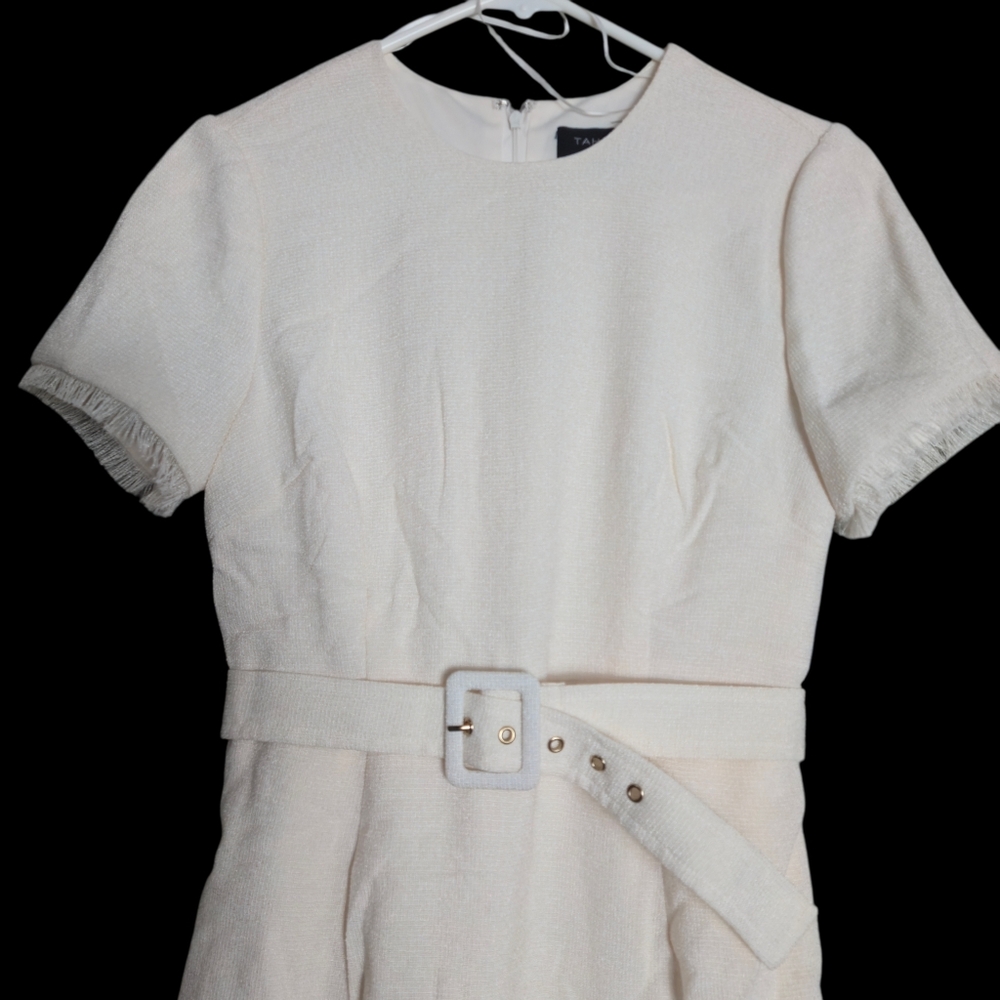 Tahari Vanilla Belted Textured Sheath Dress Off White Cream Fringe Short Sleeve - Picture 5 of 14